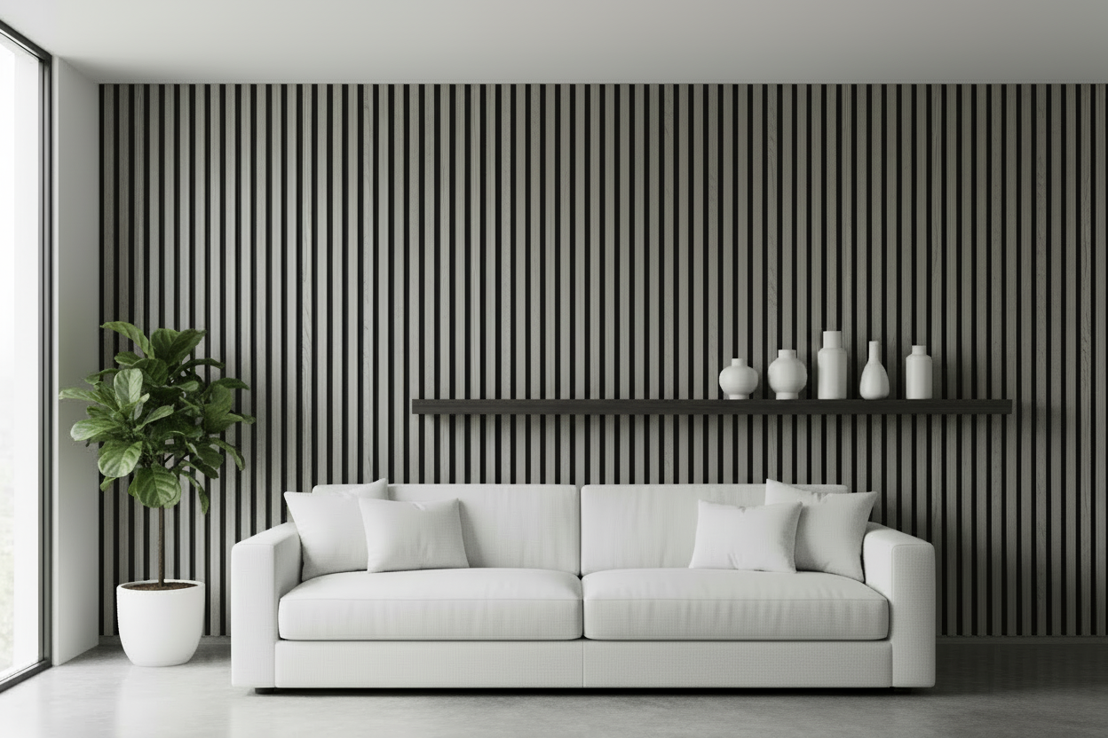 Akustikpaneele 267x57cm, Eiche hellgrau auf schwarzen Filz